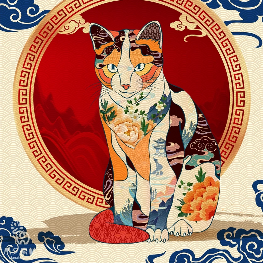 卡通创意趣味日中国风招财猫猫咪元宝新年插画海报AI矢量设计素材【014】